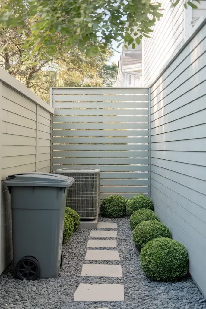 Narrow backyard makeover utility strip with trash cans hidden behind a slat screen