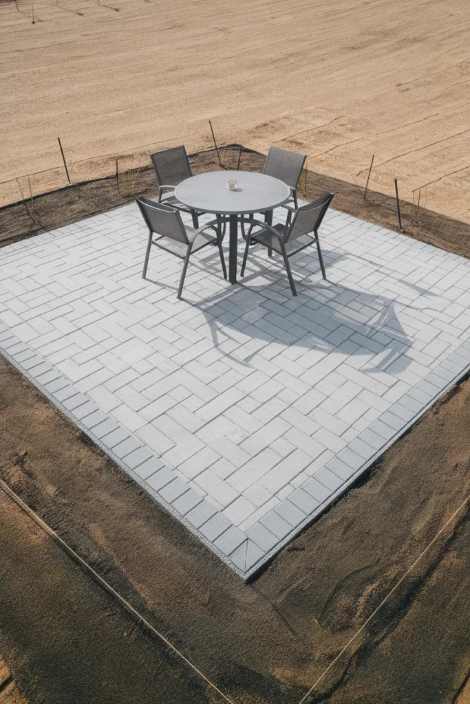 New build garden ideas showing a paver patio installed before sod on bare graded soil