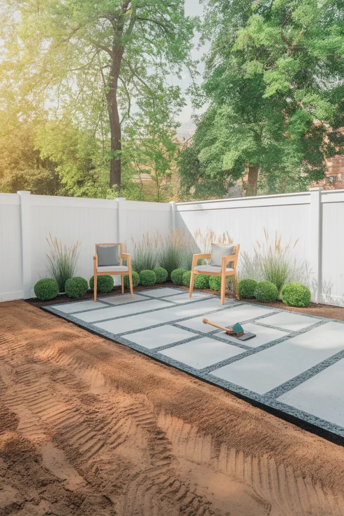 New build garden ideas shown in three stages from bare clay to paved patio to planting