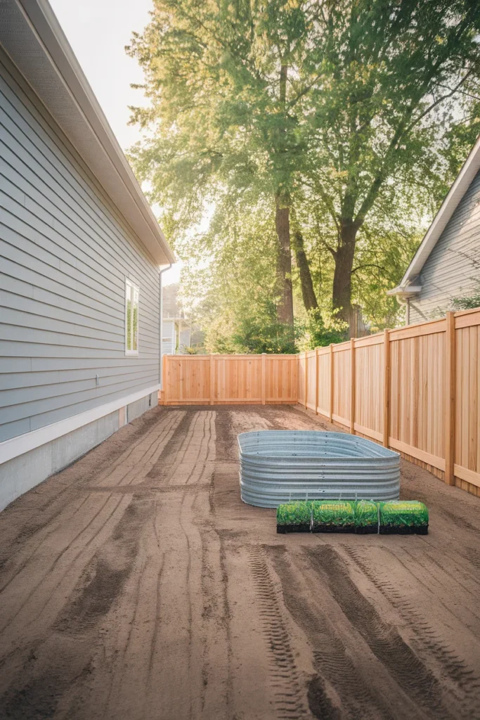 New build garden ideas start with bare clay soil, a cedar fence, and one empty raised bed