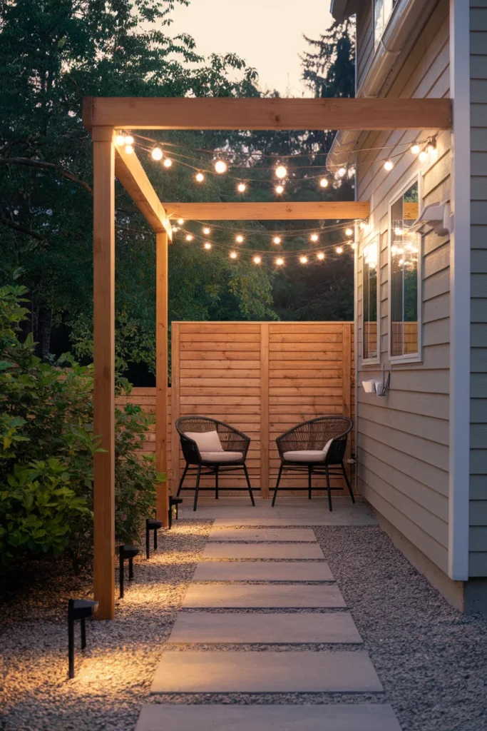New build garden lighting with string lights and path lights over a small paver patio