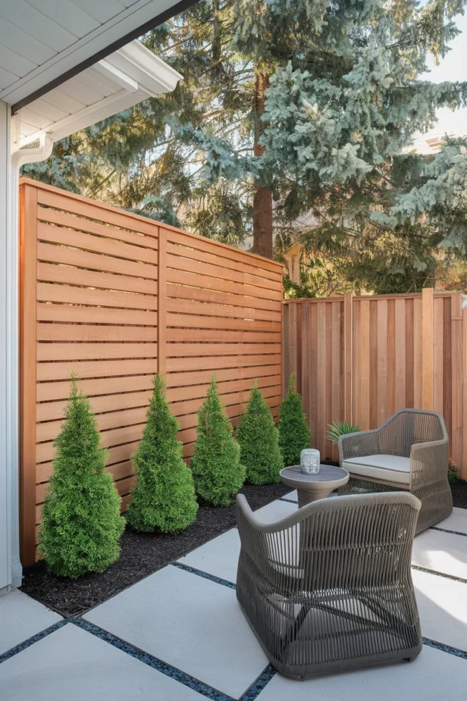 New build garden privacy ideas using a cedar screen above the fence with young arborvitae