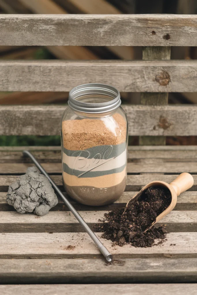 New build garden soil test with a jar showing clay layers next to dark compost