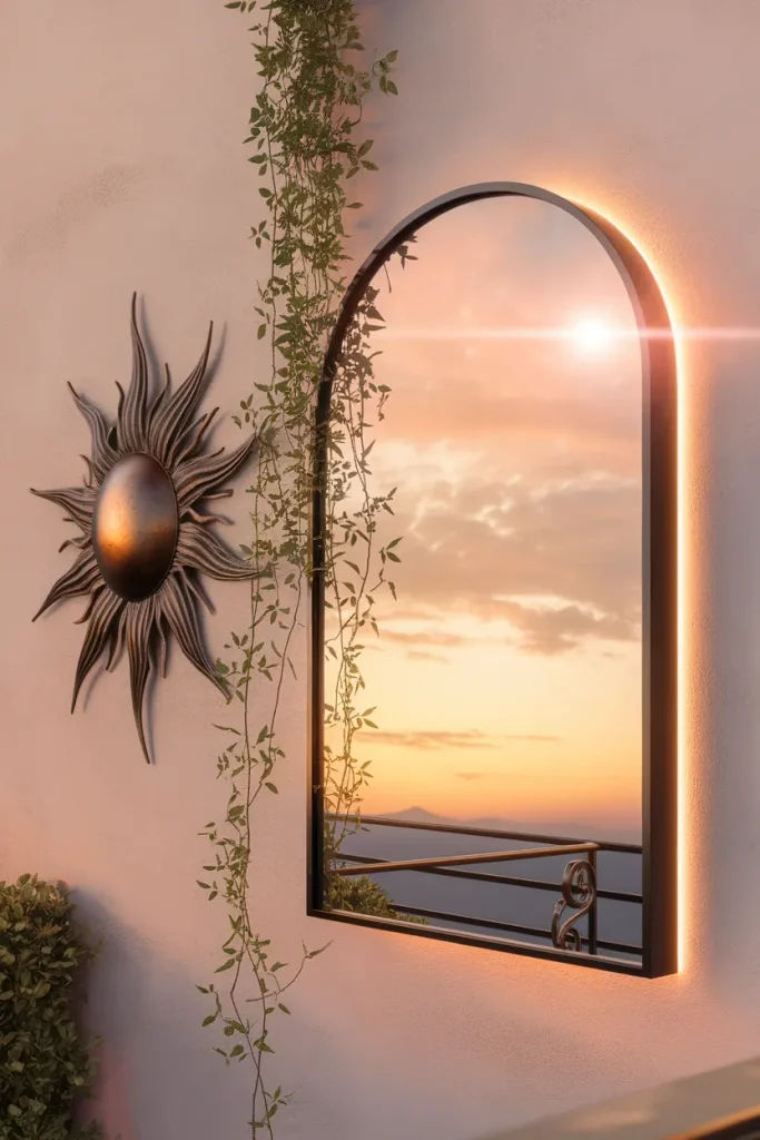 Outdoor mirror and metal wall art as weatherproof balcony wall decor on a pale wall