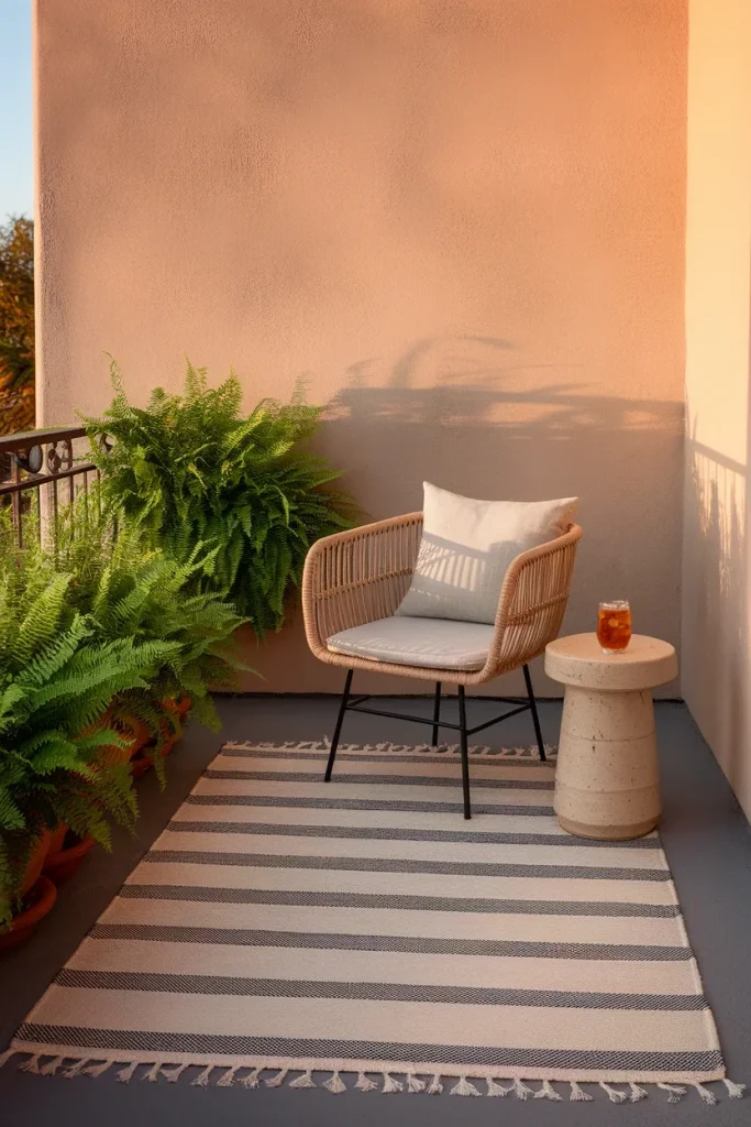 Outdoor rug as easy balcony flooring over concrete with a visible border