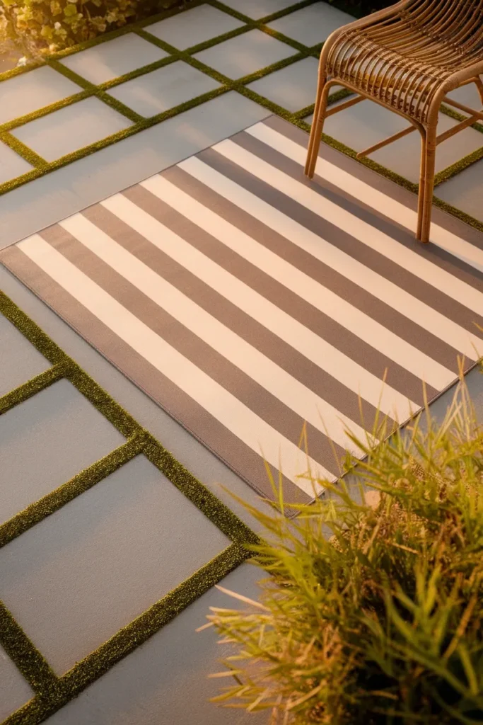 Outdoor rug layered over deck tiles in a renter friendly backyard makeover ground plan