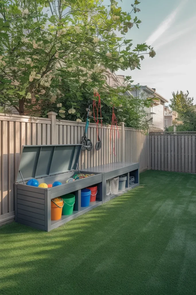 Outdoor storage bench keeping a small backyard kids play area clutter free