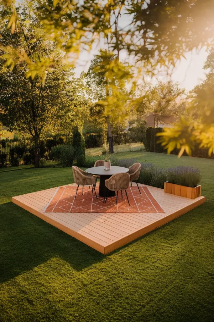Overhead view of a 12x12 small backyard deck with dining set and no railing
