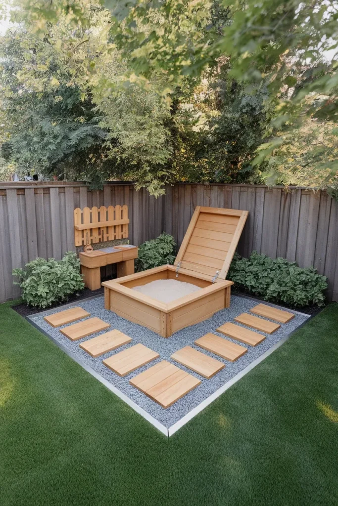 Overhead view of a compact small backyard play area for kids with sandbox and mud kitchen