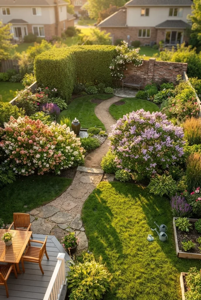 Overhead view of a curving cottage garden path narrowing and disappearing behind a hedge