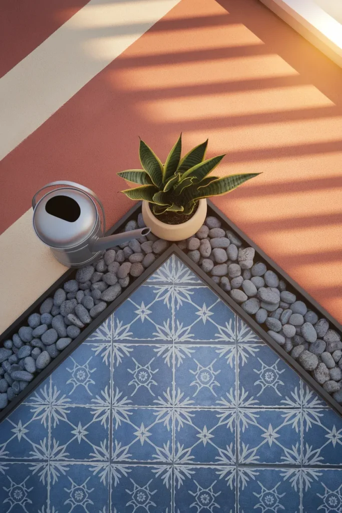 Painted concrete, peel and stick tile, and river rock balcony flooring compared