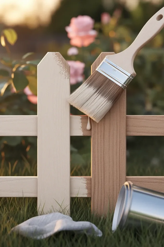 Painting a cottage garden fence picket in warm cream exterior paint