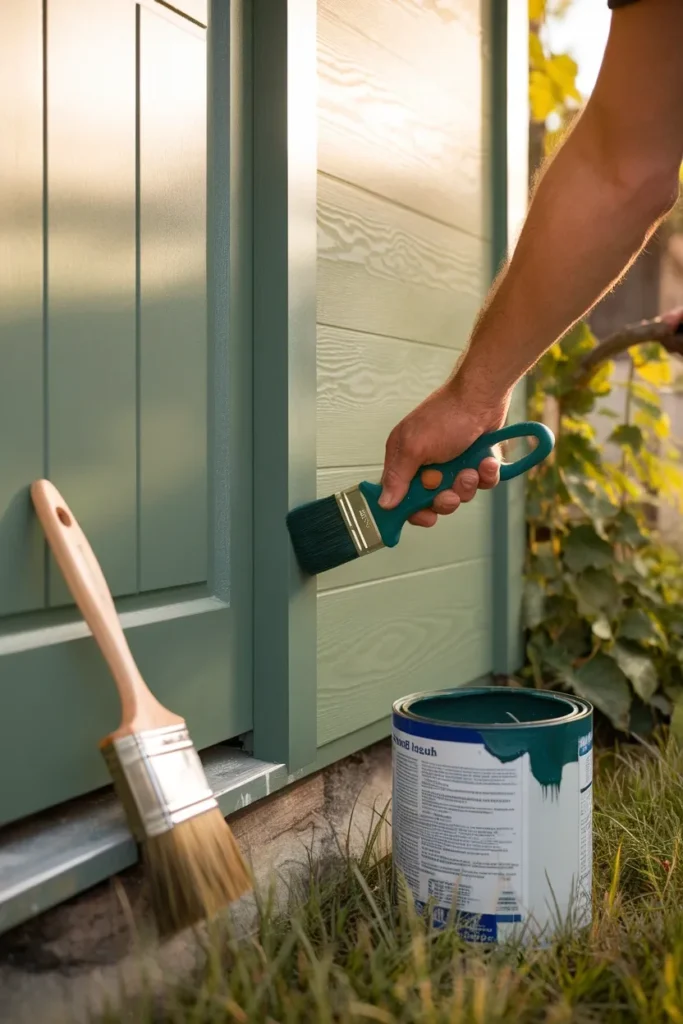 Painting cottage garden shed trim deep green over a sage green body