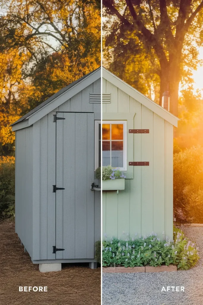 Plain storage shed before and cottage garden shed after a budget makeover