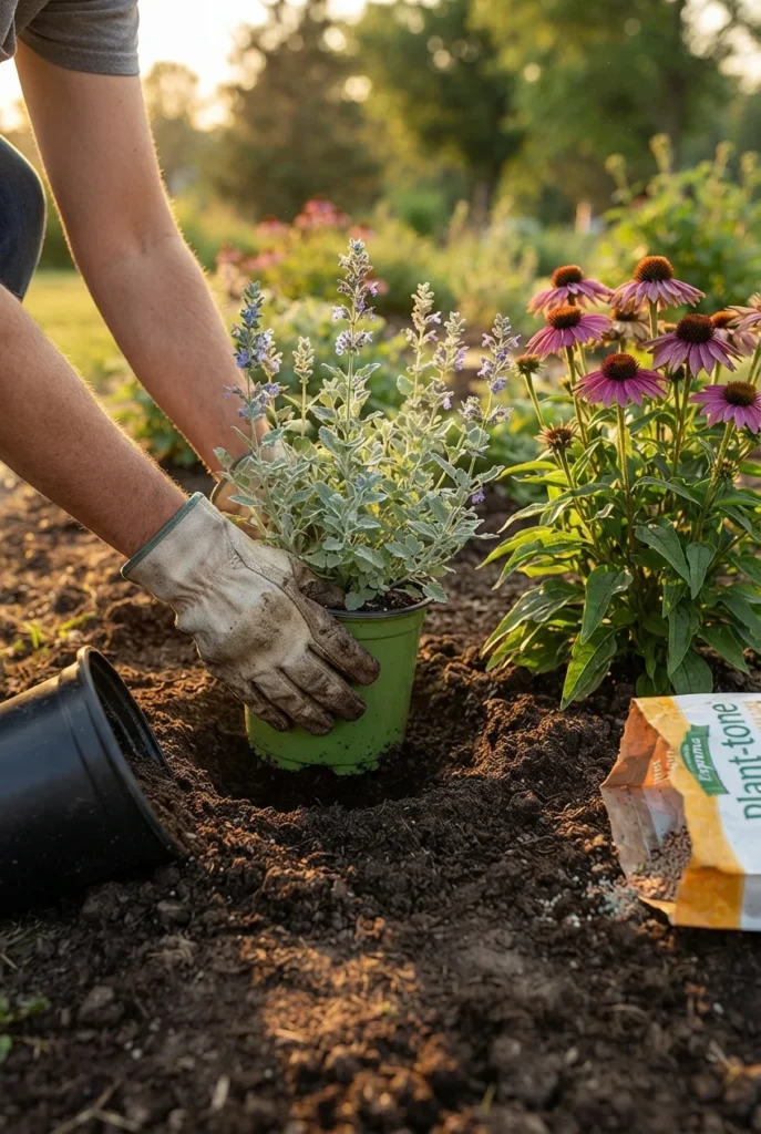Planting catmint in an English cottage garden border beside purple coneflower