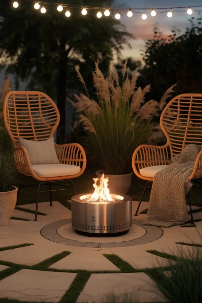 Portable fire pit and stackable seating in a renter friendly backyard makeover at dusk