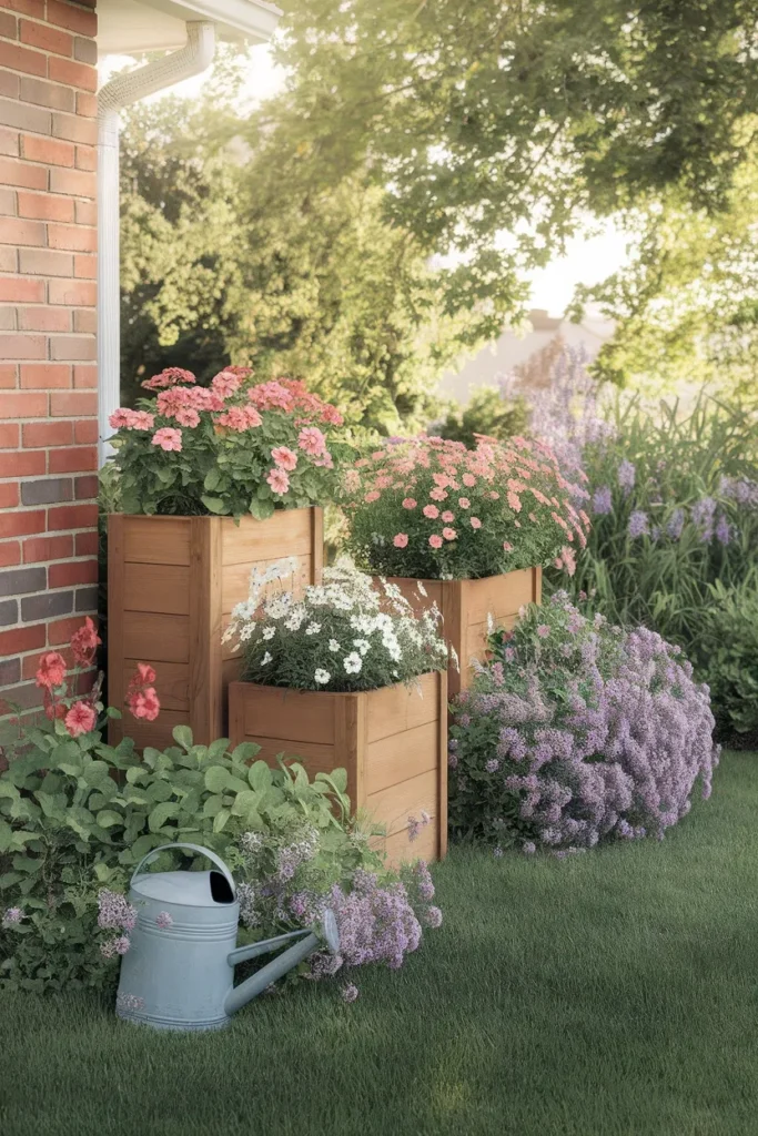 Raised bed flower garden ideas planter boxes in cedar filled with zinnias and cosmos