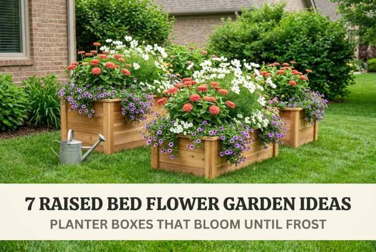 Raised bed flower garden ideas planter boxes in cedar with zinnias and cosmos in bloom