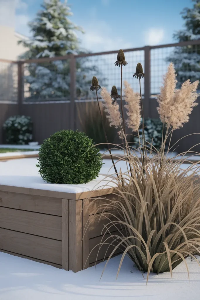 Raised flower bed planter box in winter with boxwood, grasses, and seed heads