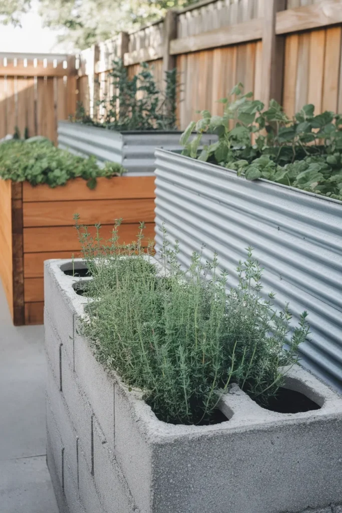 Raised garden bed along fence material comparison in cedar, metal, and block