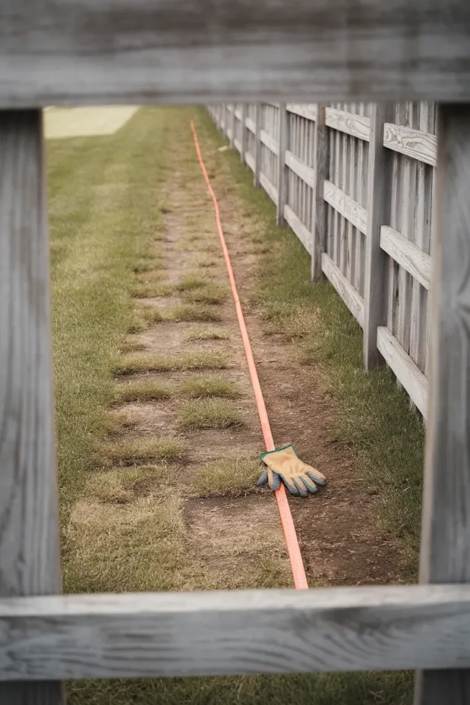 Raised garden bed along fence planning with tape measure marking the bed footprint