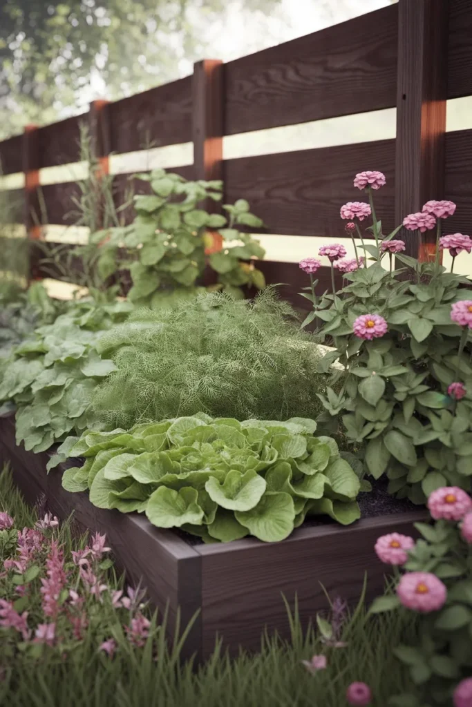 Raised garden bed along fence planted with lettuce, carrots, basil and zinnias