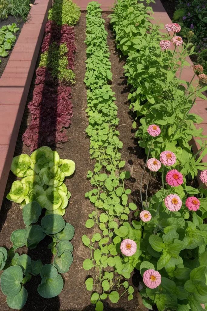 Raised garden bed along fence showing three planting bands by sunlight