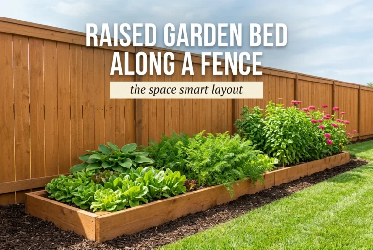 Raised garden bed along fence with layered planting beside a wood privacy fence