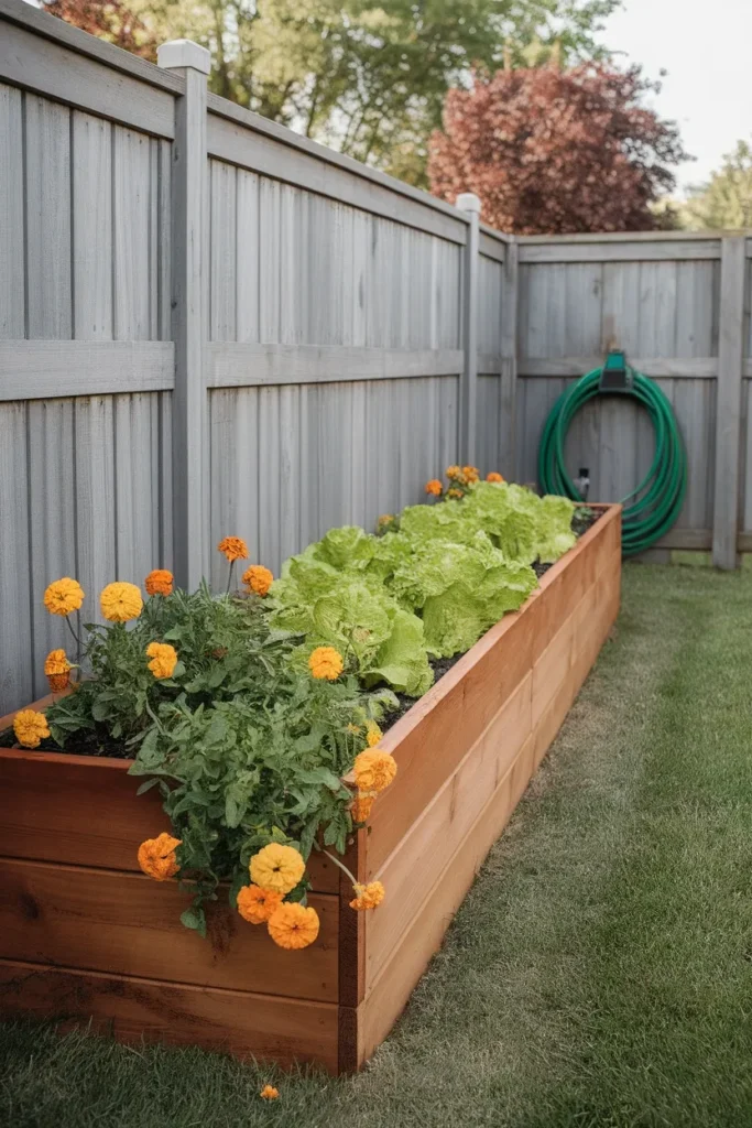 Raised garden bed along fence with lettuce and marigolds in a sunny backyard