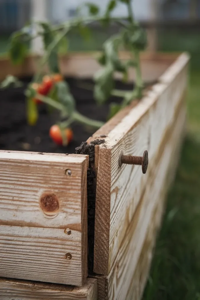 Raised garden bed corners bowing open on a weathered pine bed after three seasons