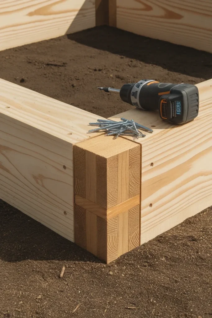 Raised garden bed corners built with a cedar 4x4 post and stainless screws