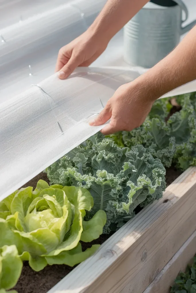 Raised garden bed cover fabric lifted back to show kale and lettuce growing underneath