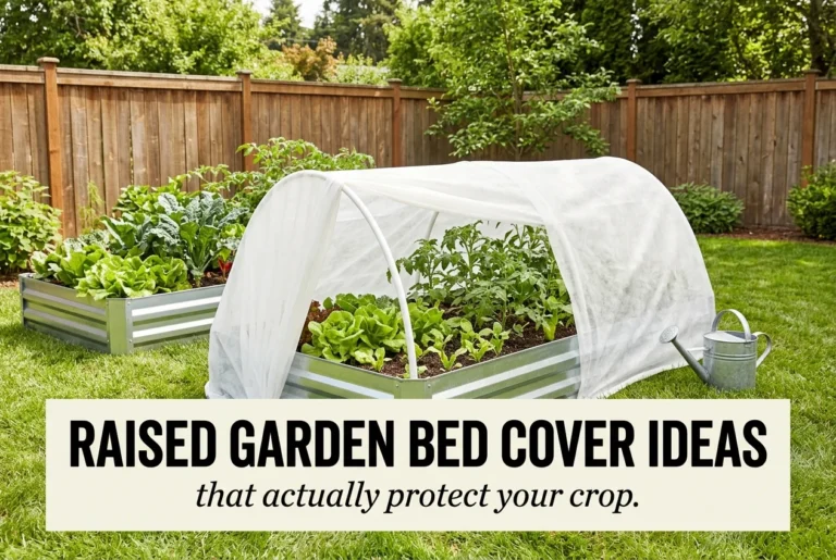 Raised garden bed cover ideas pin showing a white hoop tunnel over a galvanized raised bed