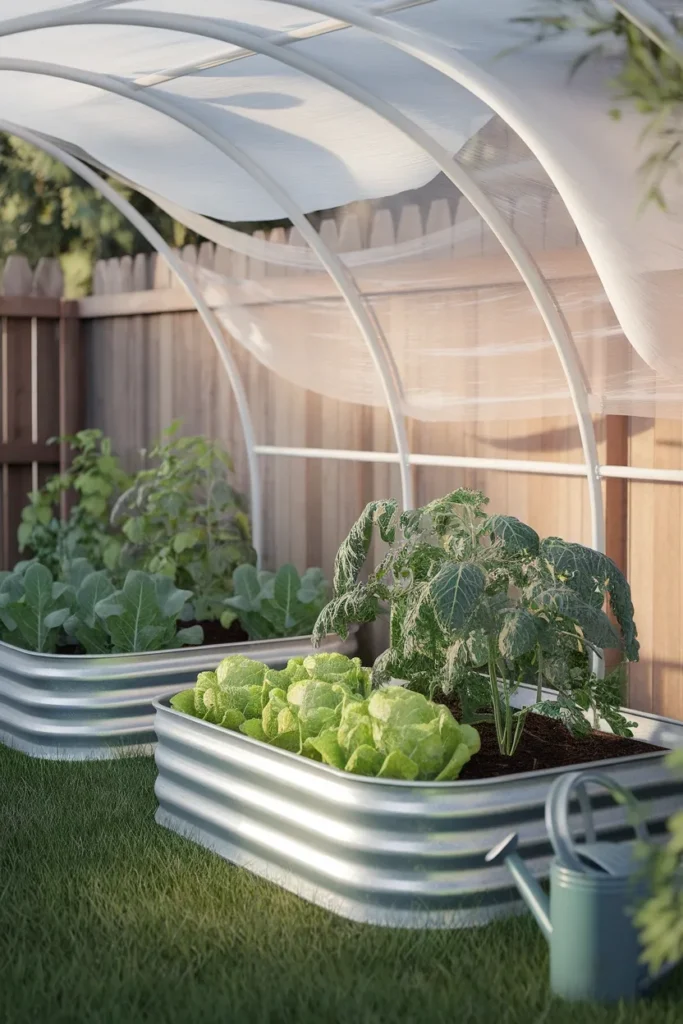 Raised garden bed cover with white PVC hoops and row cover fabric over a galvanized bed