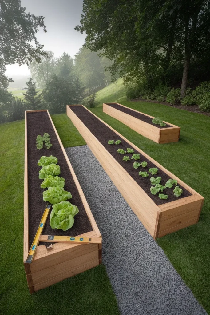 Raised garden beds on a slope stepped down a grassy backyard in level cedar tiers
