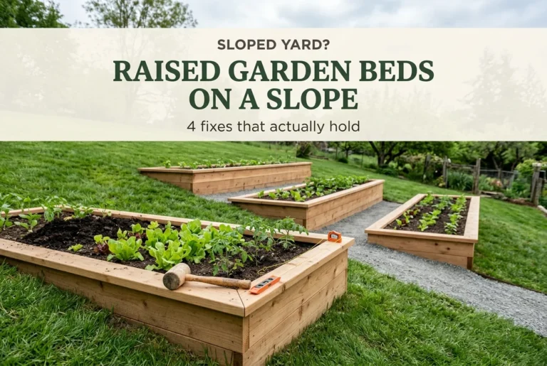 Raised garden beds on a slope stepped in level cedar tiers down a grassy backyard