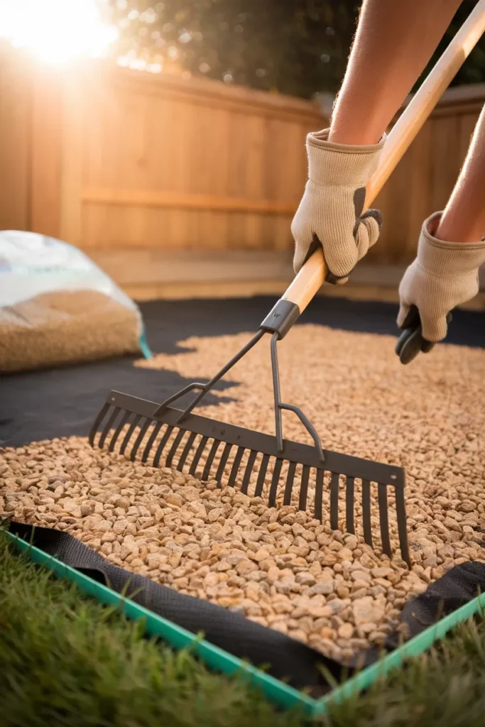 Raking pea gravel over landscape fabric to build a small backyard oasis floor