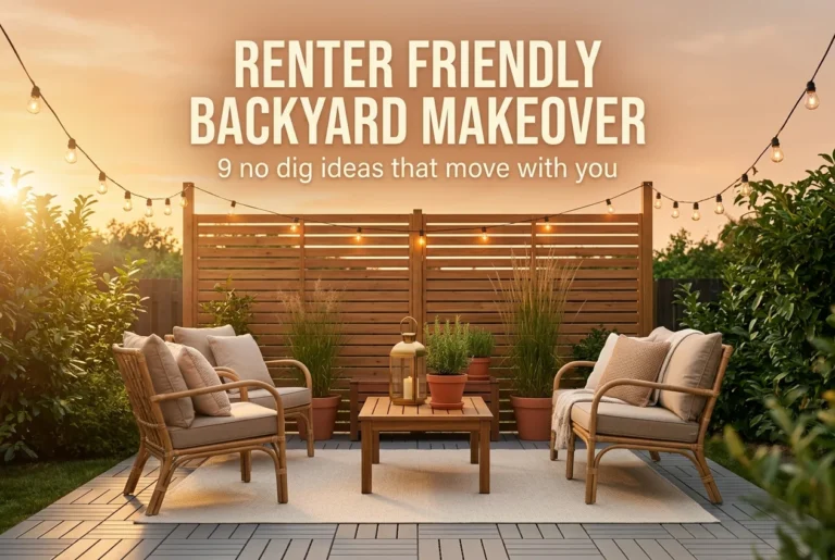 Renter friendly backyard makeover pin with deck tiles, privacy screen, and string lights