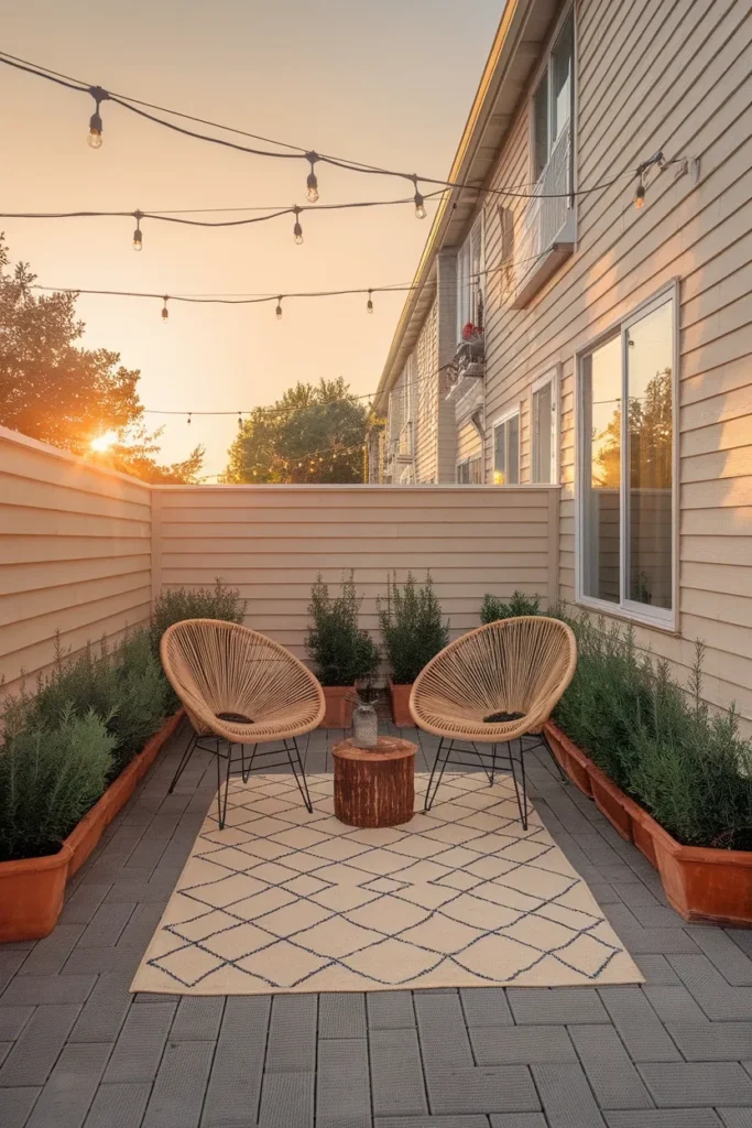 Renter friendly backyard makeover with deck tiles, cream rug, and string lights at golden hour