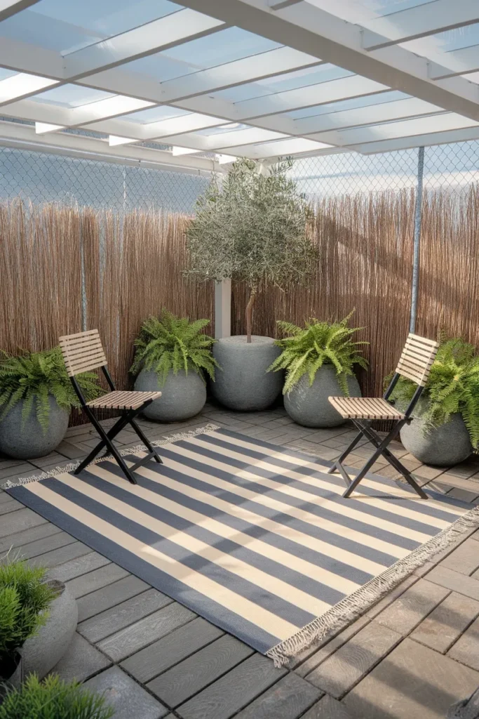 Renter friendly cheap backyard makeover with deck tiles, rug and reed fence screen