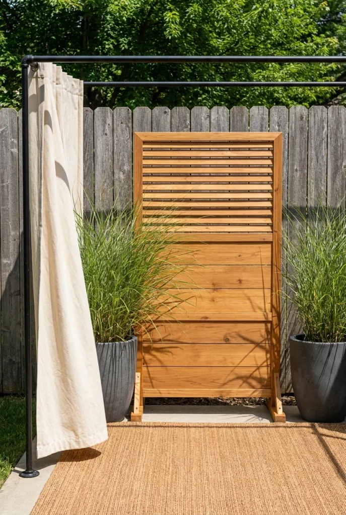 Renter friendly freestanding privacy screen and planters in front of a backyard fence