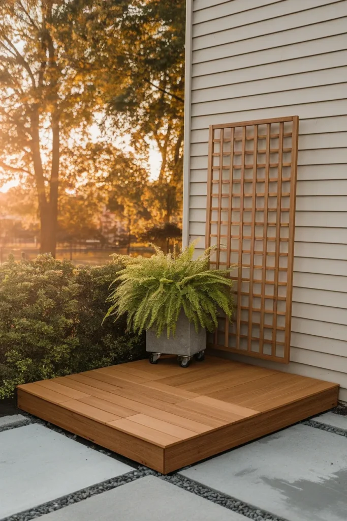 Renter friendly small backyard patio ideas using snap together deck tiles