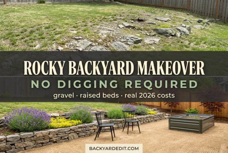 Rocky backyard makeover before and after with gravel patio, stone terrace and raised bed