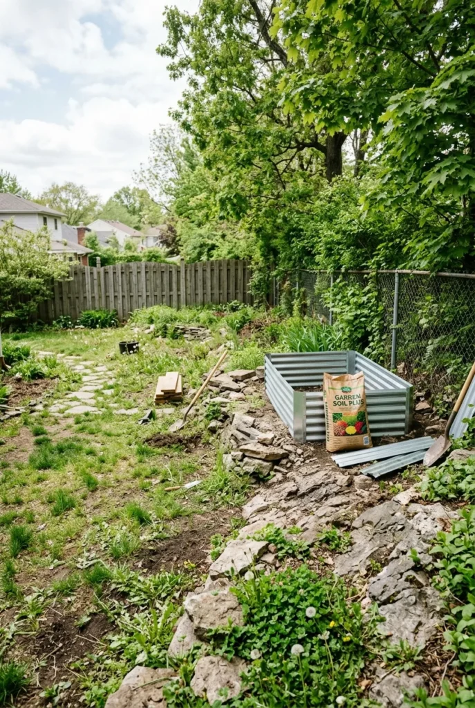 Rocky backyard makeover before shot with exposed fieldstone and thin patchy grass