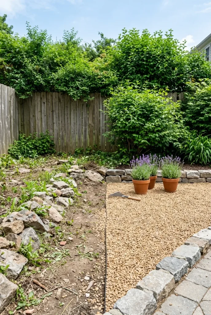 Rocky backyard makeover cost comparison showing bare rock beside a finished pea gravel area