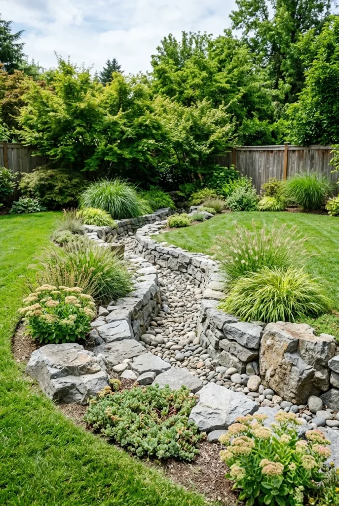 Rocky backyard makeover dry creek bed built from stone pulled out of the yard