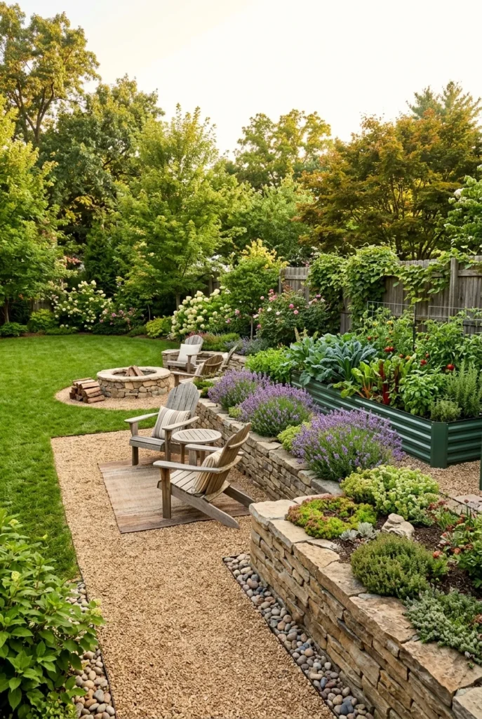 Rocky backyard makeover finished with gravel patio, stone terrace and raised beds