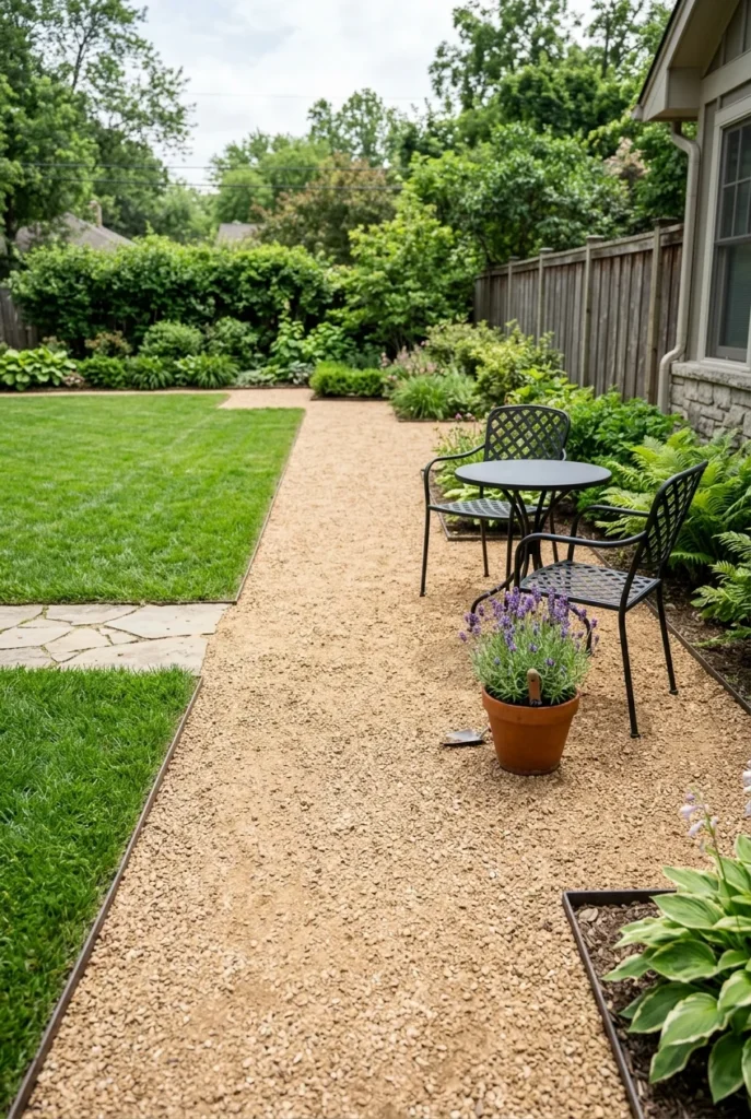 Rocky backyard makeover gravel courtyard in decomposed granite with steel edging