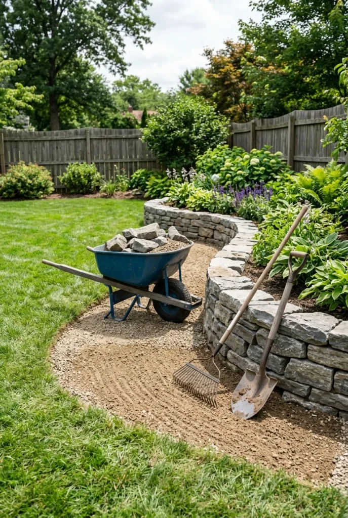 Rocky backyard makeover in progress with wheelbarrow of stone and half raked gravel