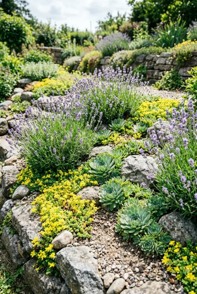 Rocky backyard makeover planting with lavender, sedum and hens and chicks in gravel